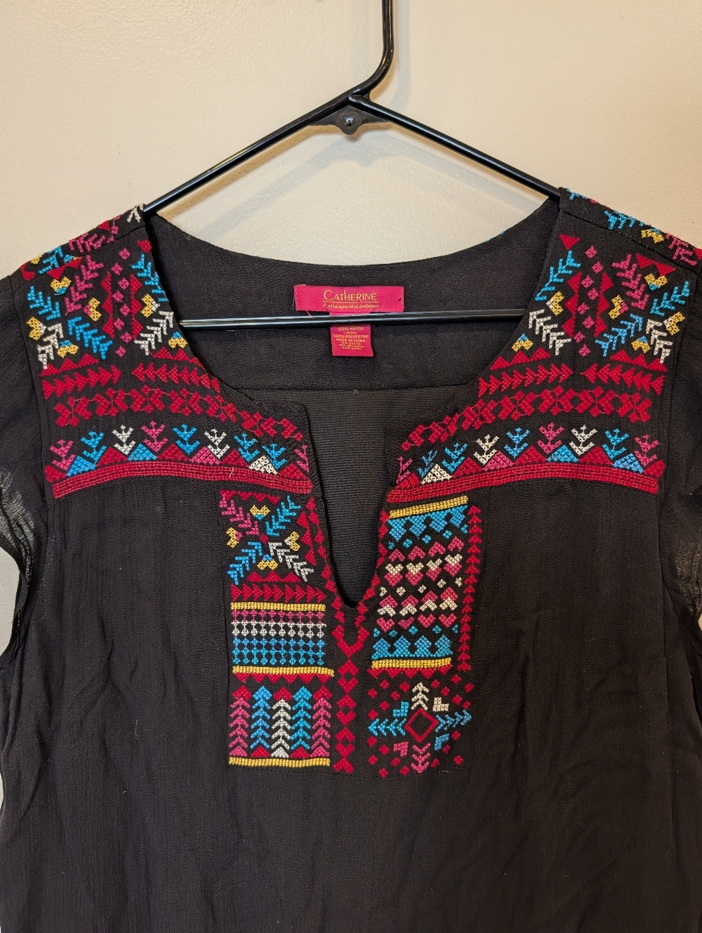 Catherine Malandrino Black Embroidered Geometric V-Neck Shift Dress M - Picture 3 of 6